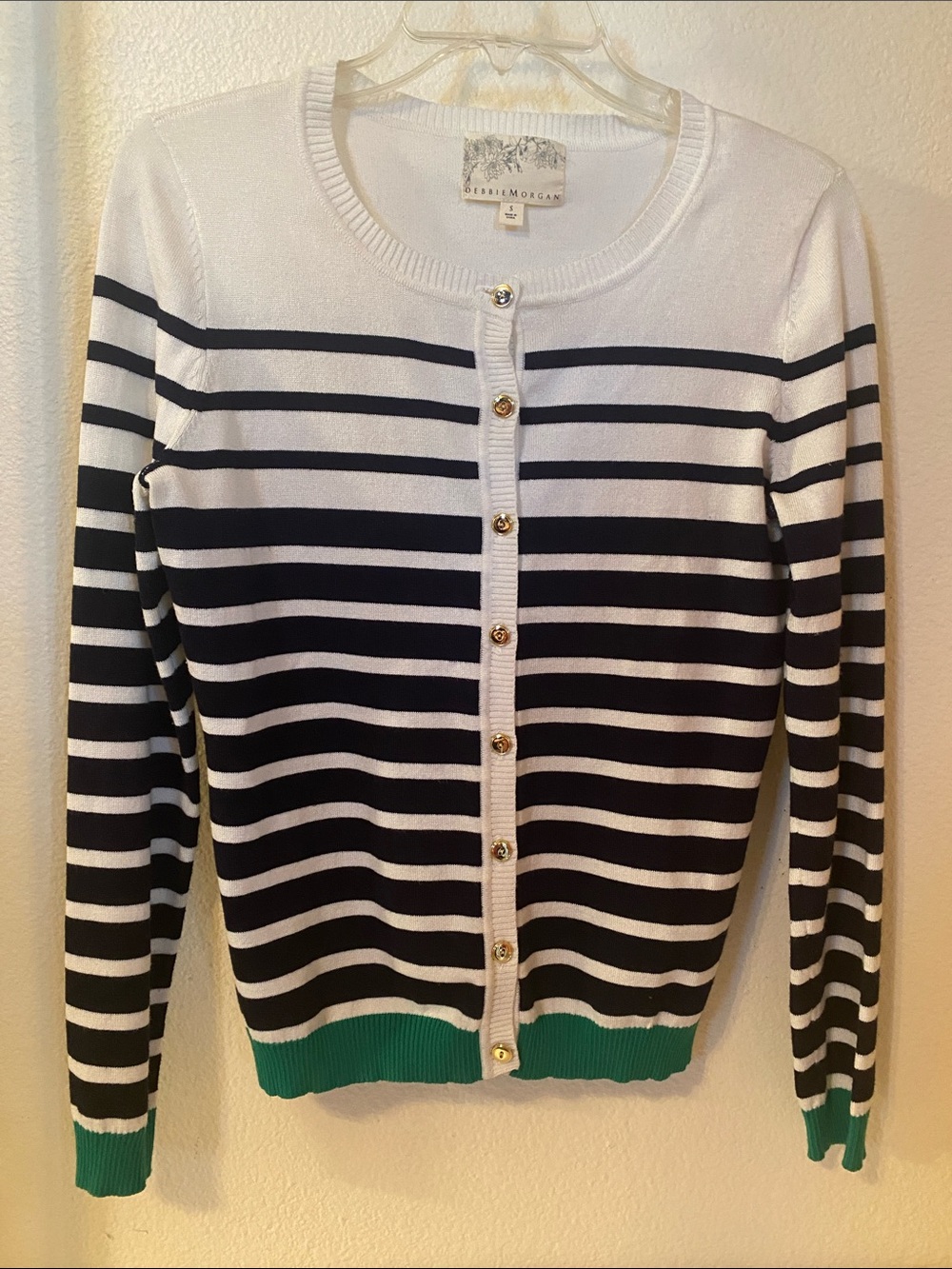 Debbie Morgan White & Navy Blue Striped Cardigan with Green Trim